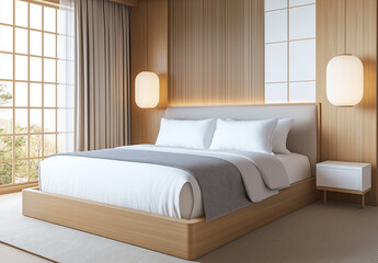 A modern bedroom with light wood paneling, a white bed and headboard, a grey blanket at the end of the bed, wall lighting, a large window, minimalistic design elements
