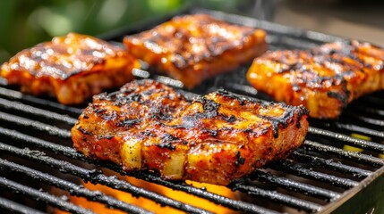 Juicy Grilled Meat Steaks on Charcoal Barbecue Grill Outdoors