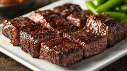 Grilled Beef Steak Pieces on a Plate with Green Vegetables