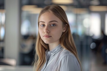 Fototapeta premium Portrait of young white woman in a busy modern workplace
