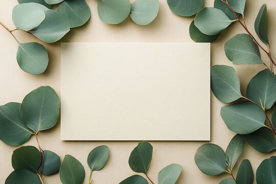 Soft textured background framed by fresh eucalyptus leaves for creative design or display