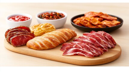 Obraz premium Assorted cured meats and savory snacks including salami, prosciutto, cheese bites, and breadsticks elegantly presented on a light wooden serving tray