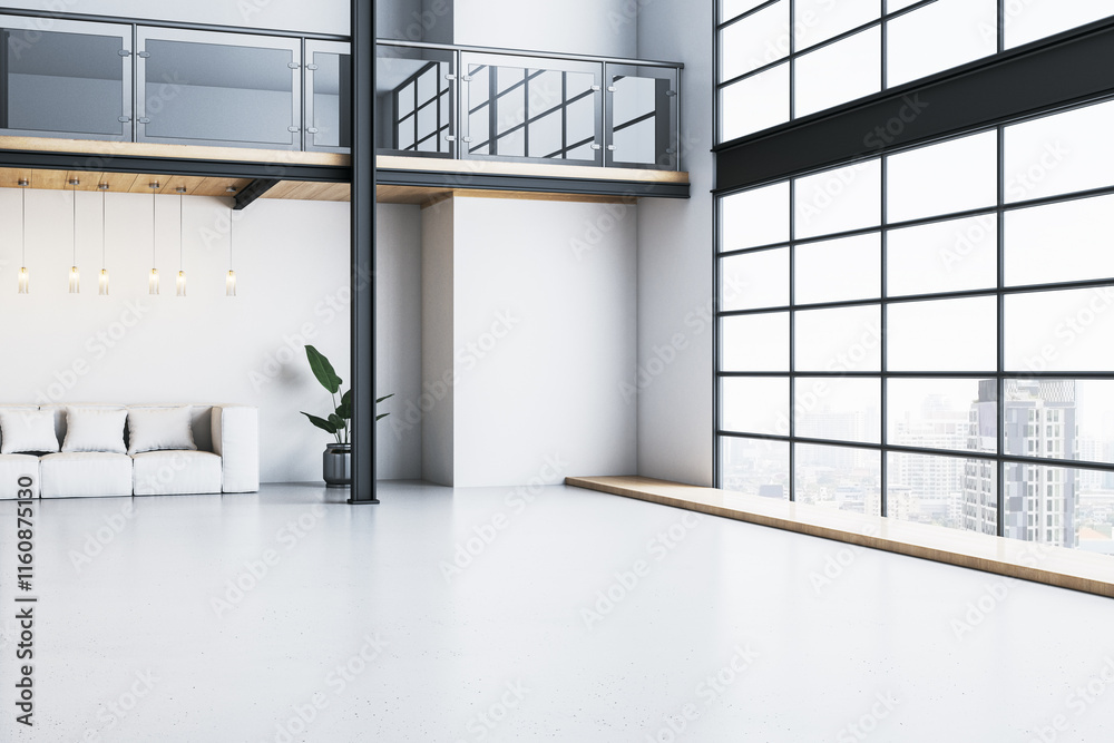 Poster modern spacious interior with large windows, loft design, and minimalist furnishings in a bright ope