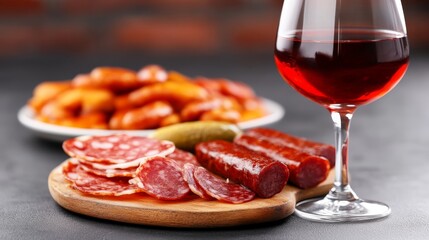 Obraz premium Charcuterie platter featuring gourmet cured meats, cheese slices, and a glass of red wine arranged on a rustic wooden surface