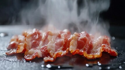 Freshly Cooked Bacon Sizzling on a Griddle with Steam Rising