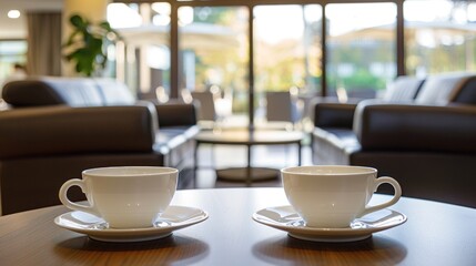 Fototapeta premium Two white teacups on a wooden table in a modern hotel lobby, overlooking outdoor seating area.
