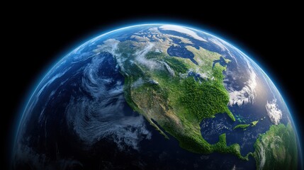A view of Earth from space, highlighting North America and greenery.