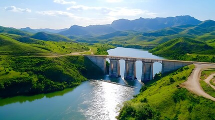 Fototapeta premium Environmental Considerations. A picturesque landscape featuring a dam over a serene river, surrounded by lush green hills and mountains under a bright blue sky.