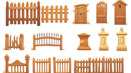 Cartoon wooden fence vector set, garden or farm palisade, gates or balustrade with pickets. Enclosure railing, banister or fencing sections with decorative pillars. Wooden isolated fence and balusters