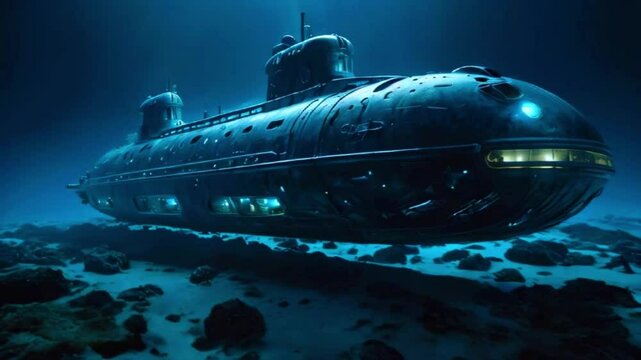 A futuristic submarine illuminating a pitch-black ocean floor ethereal blue lights, revealing alien marine life, Japanese anime-style 4k lofi hip-hop bites landscape music background animation video
