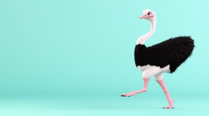 A cartoonish ostrich walking on a pastel background.