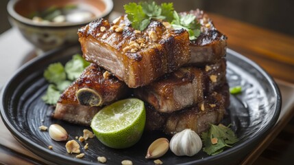 Grilled Pork Belly Served with Vegetables and Lime on Black Plate