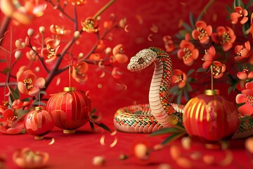 Fototapeta premium Colorful Snake Surrounded by Blossom and Lanterns for New Year Celebration