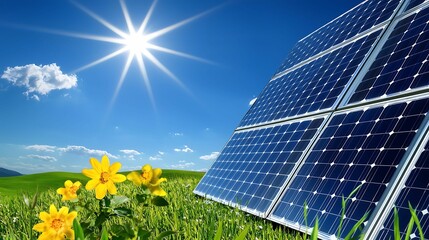 Environmental Considerations. A bright, sunny scene featuring solar panels in a green field with yellow flowers under a clear blue sky.