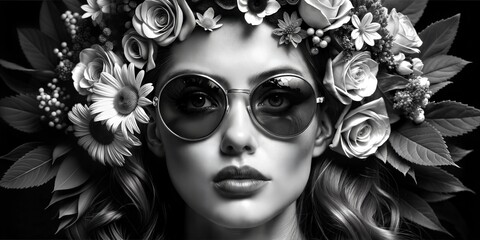 Elegant Woman Wearing Floral Crown and Sunglasses in Black and White