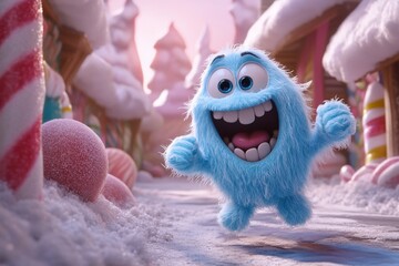 Furry blue character happily runs.