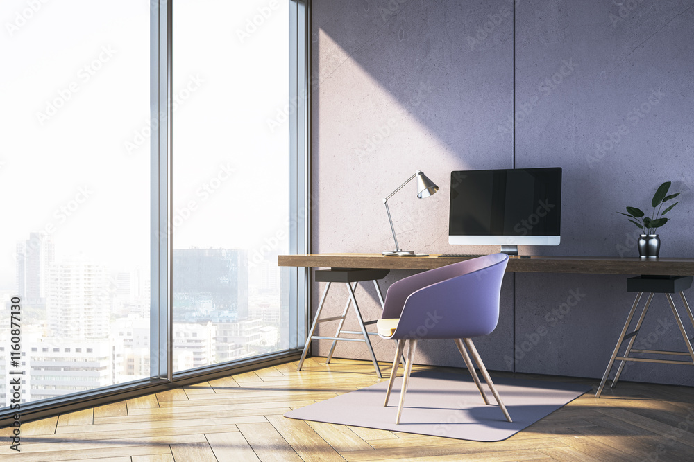Aufkleber modern workspace with wooden desk, chair, and computer in bright office corner with window and city 