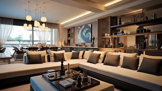A video showcasing indoor sophisticated design with elegant furniture and decor. Comfortable and refined home ambiance featuring serene, modern, and stylish interiors.