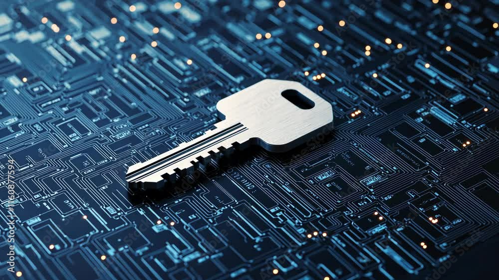 Poster digital key overlaid on circuit board pattern symbolizing cybersecurity concepts