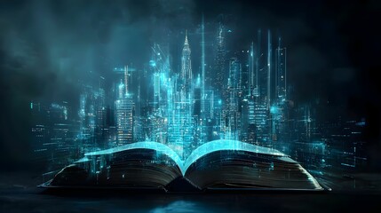 Open book reveals a futuristic cityscape illuminated by neon lights at night