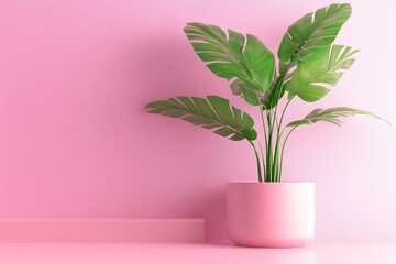 Green plant in a pink pot against a pastel pink wall creating a vibrant and modern interior decor