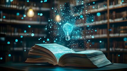 Illuminating ideas emerge from an open book in a dimly lit library