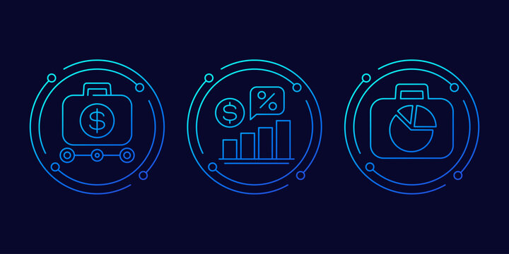 finance and investment icons with portfolio and charts, linear design