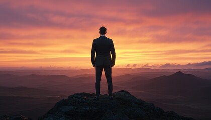 Obraz premium Businessman Standing on Rock at Sunrise Over Mountain Landscape