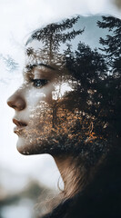 A woman's face is reflected in the double exposure effect of trees and sky