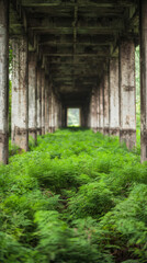 Climate change ecosystem global crisis. Abandoned structure overgrown with greenery
