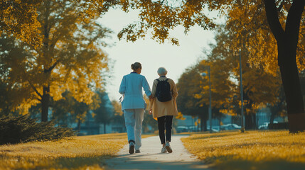 Obraz premium Nurse assisting elderly woman during a healthy walk in a peaceful autumn park, enjoying the golden sunlight and fresh air