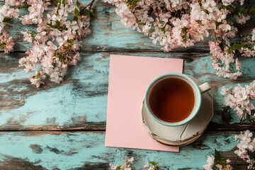 Relaxing tea time with blooming cherry blossoms and pastel color scheme on a rustic wooden table