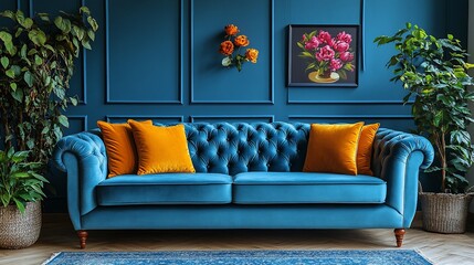 Elegant Teal Velvet Sofa in a Luxurious Living Room