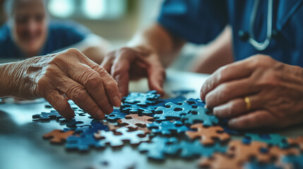 Doctor assisting senior patient in solving jigsaw puzzle, engaging in cognitive therapy and rehabilitation exercises