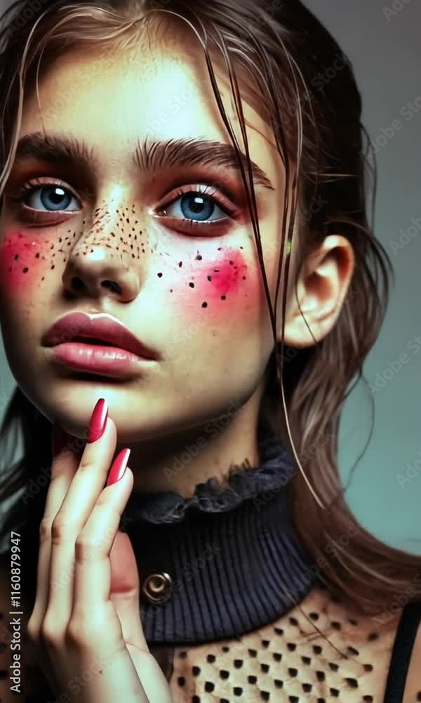 Poster A captivating close-up reveals a model with vibrant blush and pronounced freckles, highlighting her expressive blue eyes. The artistic treatment emphasizes individuality and creativity