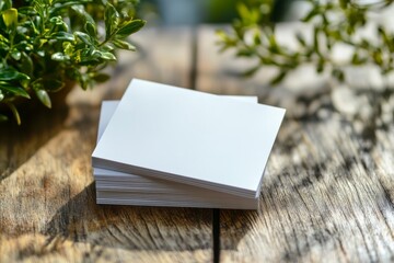 Blank cardstock stacked neatly on a wooden table surrounded by greenery in bright natural light