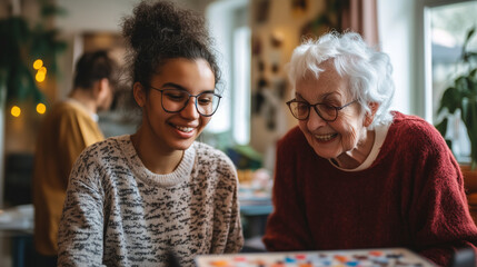 Happy volunteer girl and elderly woman playing board games in retirement home, enjoying leisure time together