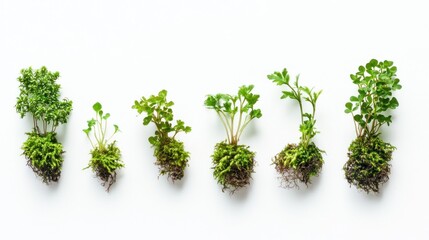 Fototapeta premium Six small green plants growing in moss, arranged in a row on white background.