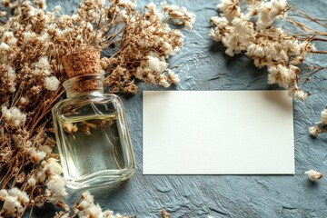 Bottle of essential oil surrounded by dried flowers and a blank card on a textured blue background