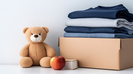 A collection of toys and books in a box to support a children's hospital and local youth programs, set against a clean white background