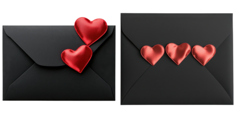 Black envelope with red satin hearts, perfect for romantic occasions