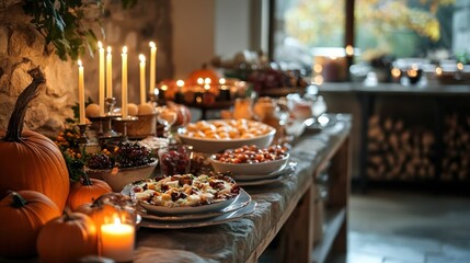 Autumnal buffet table with candles, pumpkins, and various dishes.