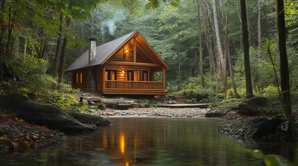 Fototapeta premium forest cabin, rustic retreat, wooded escape, cozy interior, nature getaway, tranquil environment