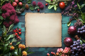Fresh fruits and vibrant flowers frame an empty parchment resting on a wooden table in a colorful arrangement
