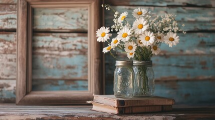 Daisies in mason jars on rustic wooden background.