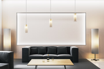 Modern living room interior with black sofa, wooden table, pendant lights, and soft beige walls illuminated by warm lighting. 3D Rendering