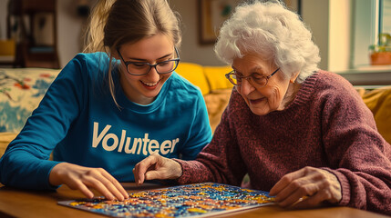 Young volunteer girl and elderly woman assembling jigsaw puzzle at home, concept of volunteering and elderly care