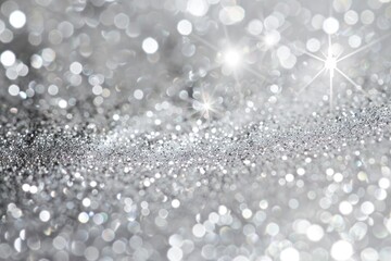 Silver glitter bokeh background with sparkling highlights.
