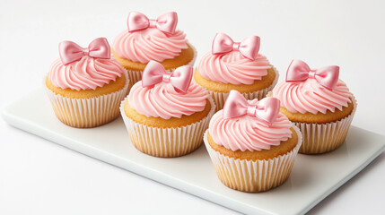 Delightful pink cupcakes topped with satin bows, perfect for celebrations