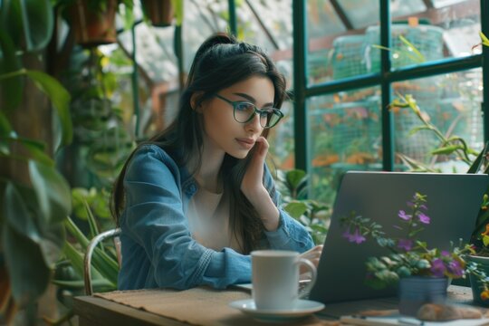Female gardener works remotely  communicates with customers online.